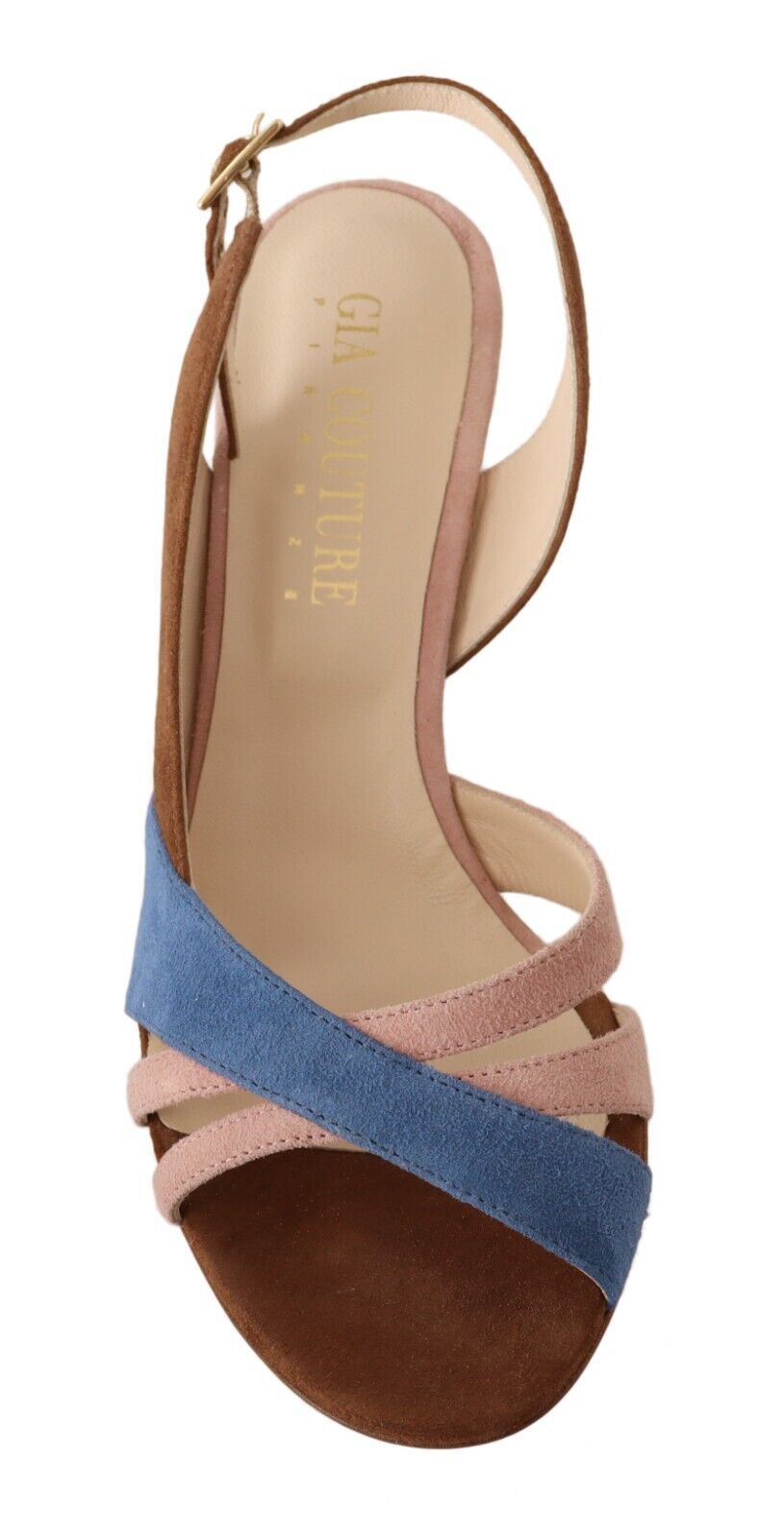 Pair of women's sandals with blue and pink straps
