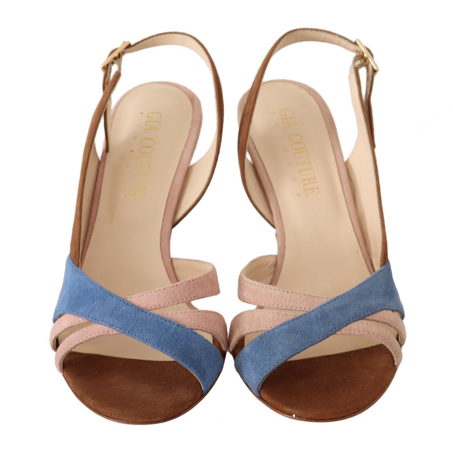 Pair of women's sandals with blue straps and brown soles