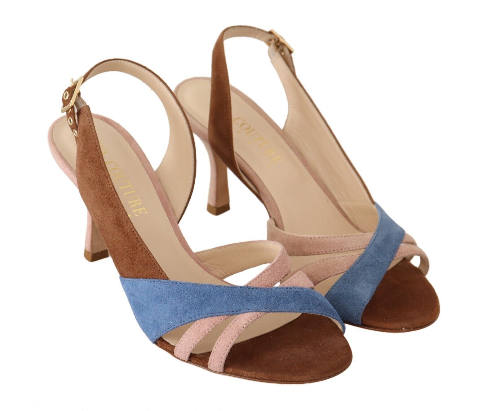Pair of women's high heel sandals with brown straps and blue soles