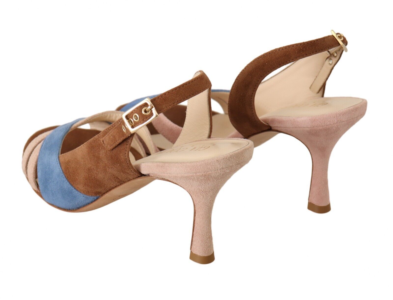 Pair of women's high heel shoes with blue straps and brown suede upper