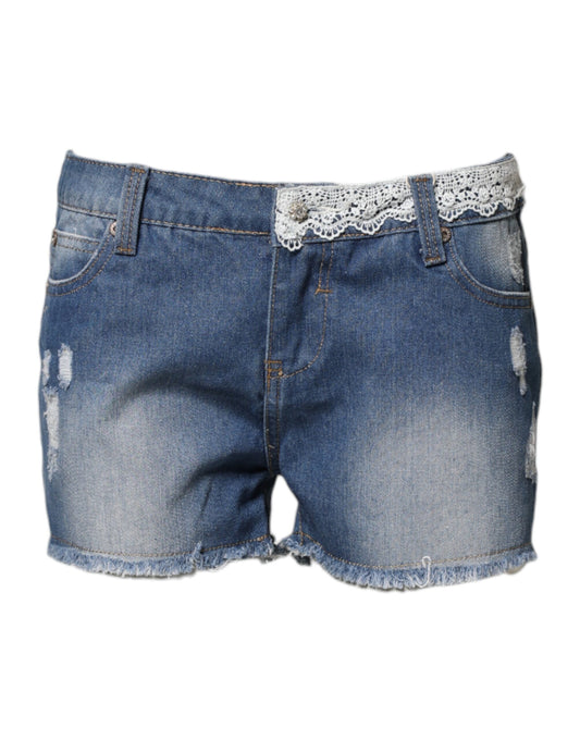 Pair of blue denim shorts with lace trim at waist