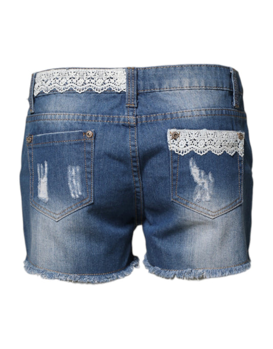Pair of blue denim shorts with lace trim at waist