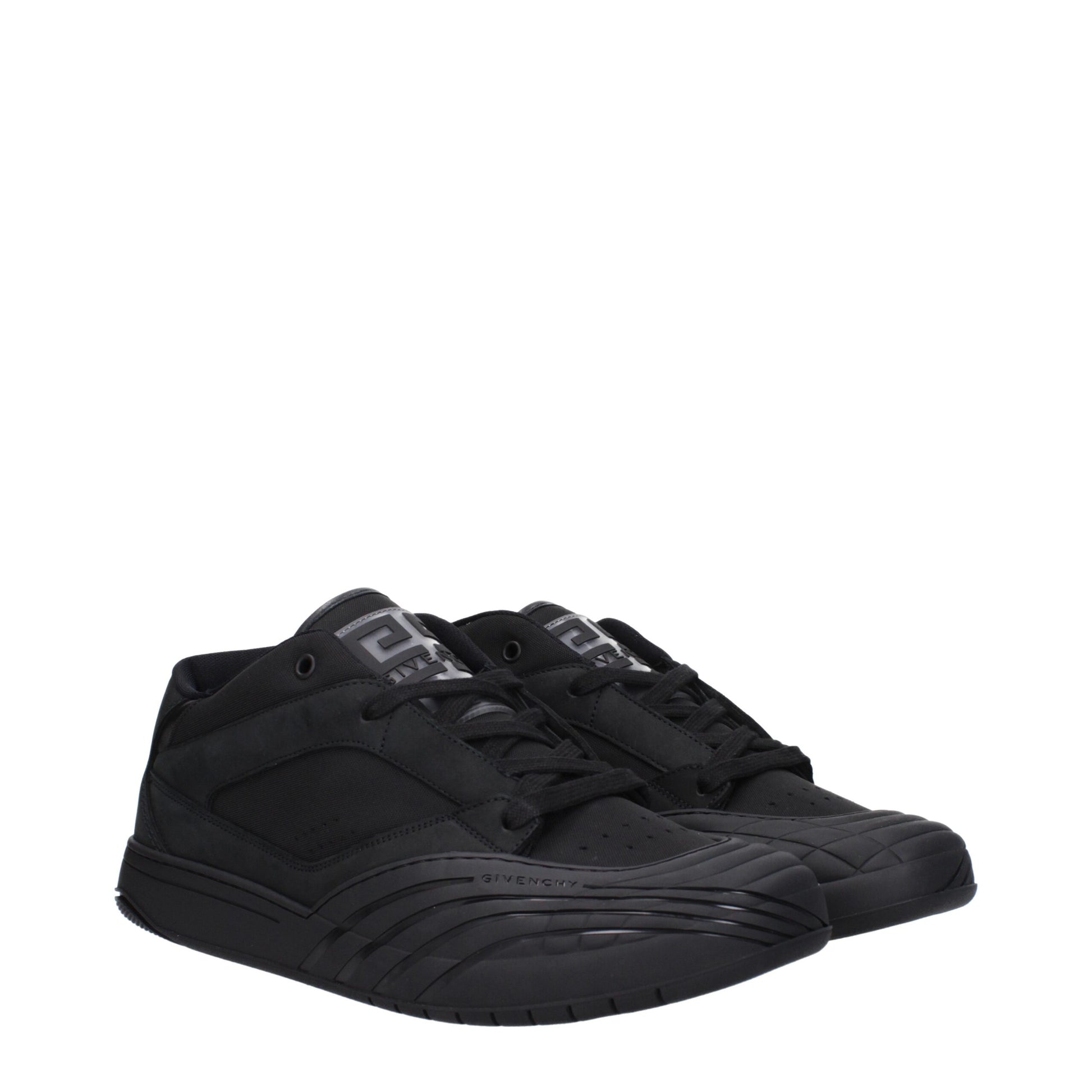 Pair of black fabric low top sneakers with white laces and logo on side