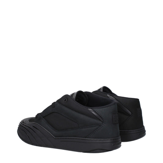 Pair of black fabric low top sneakers with white soles