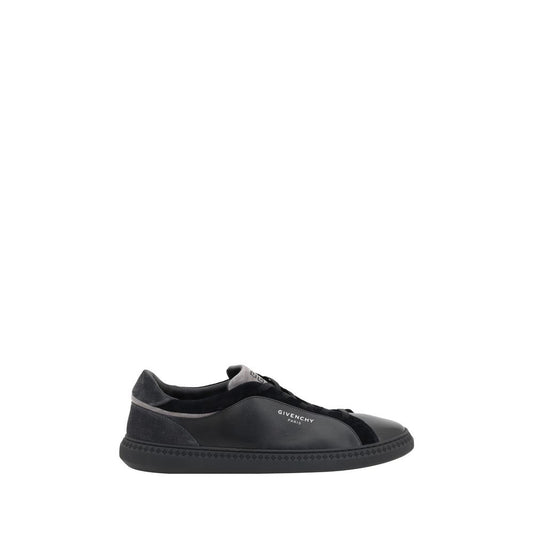 Black sneakers with white soles