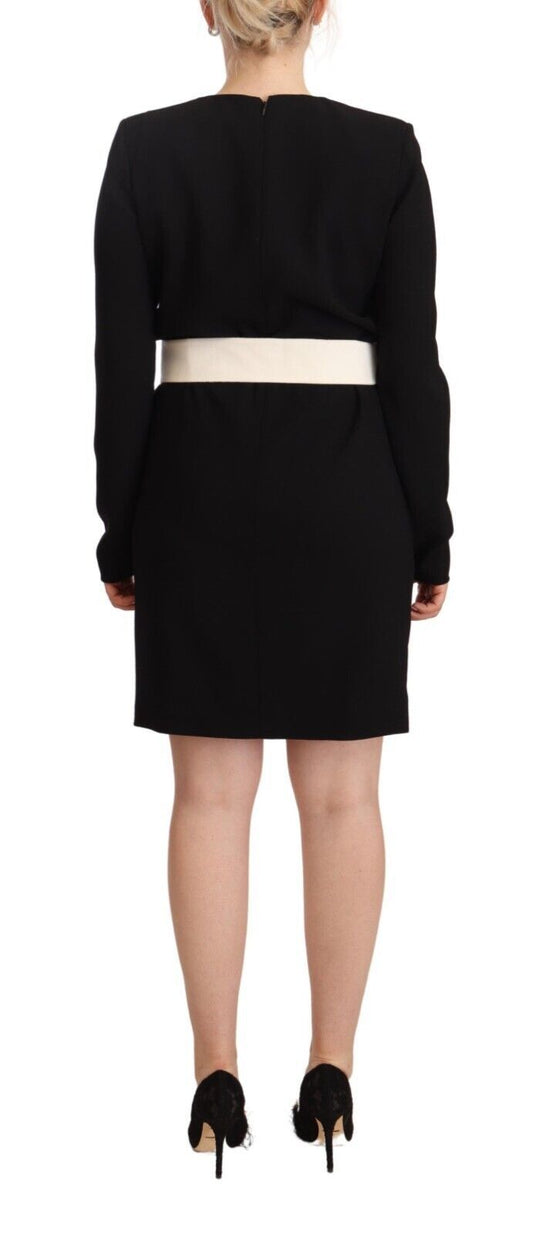 A black wool belted mini sheath dress with long sleeves