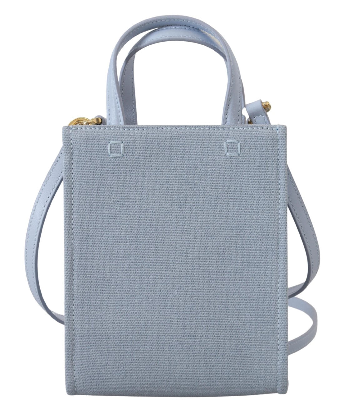 Blue tote bag with handles and a zippered pocket on front