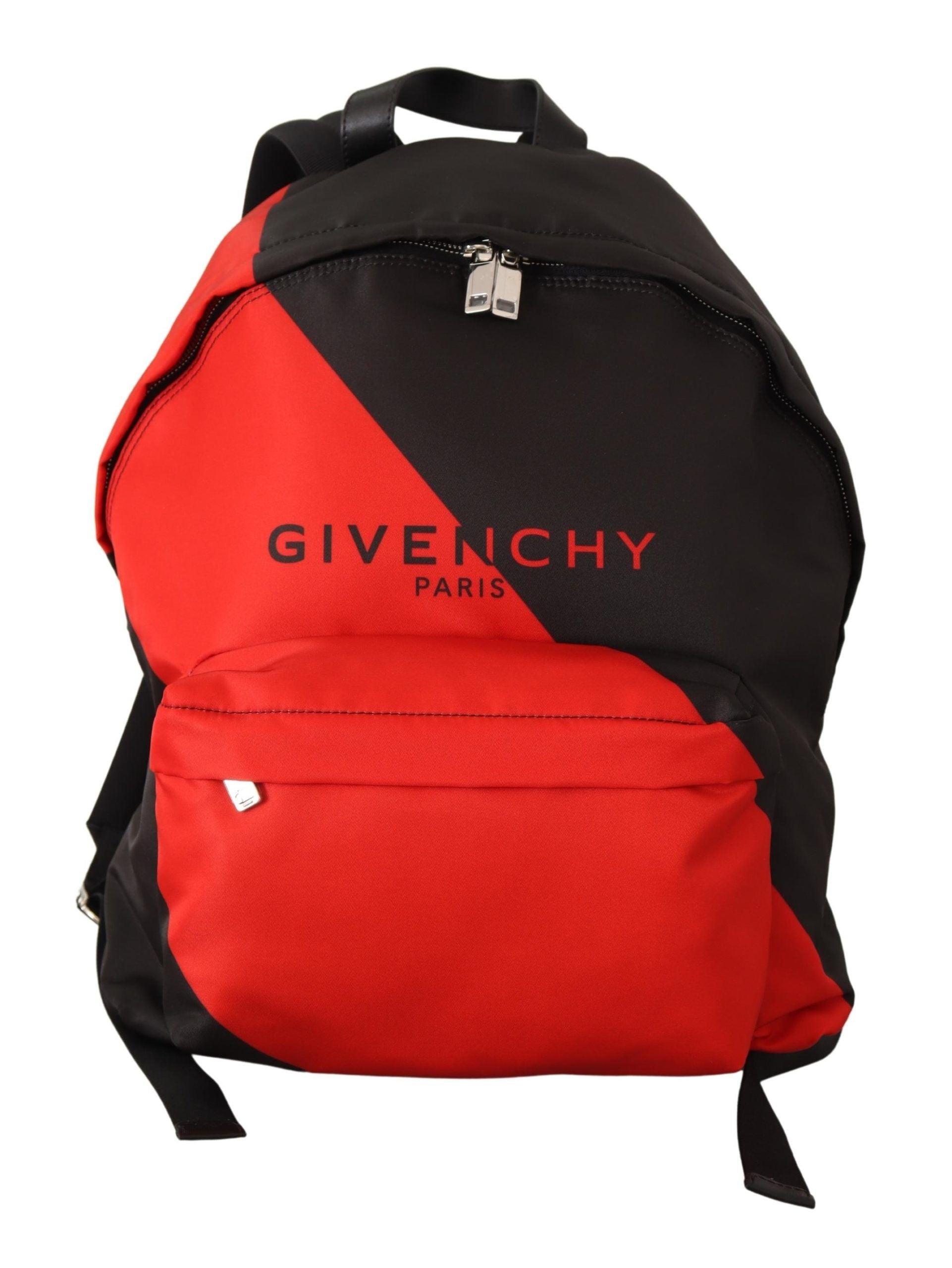 Red and black backpack with white logo
