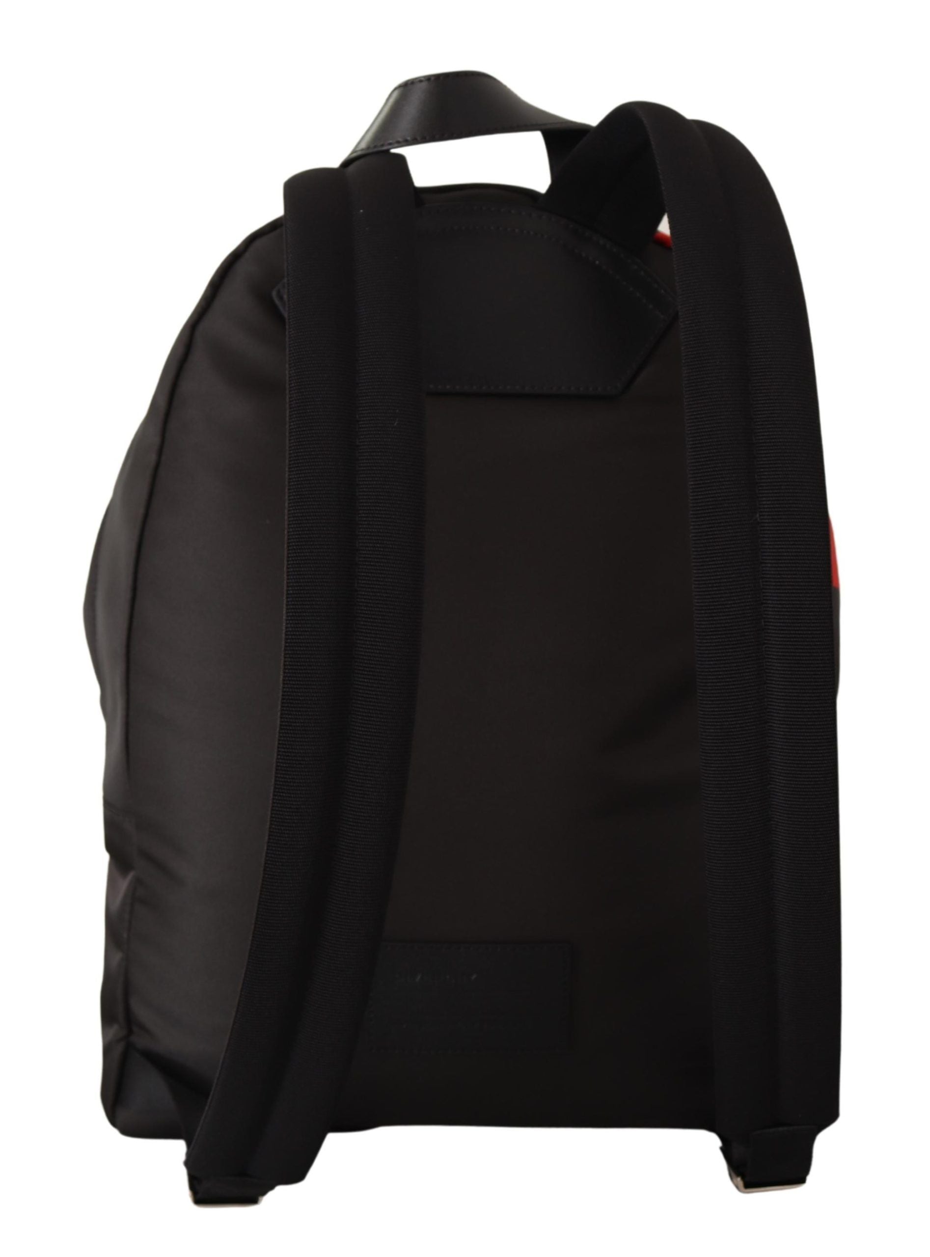 Black backpack with straps and a pocket on the front