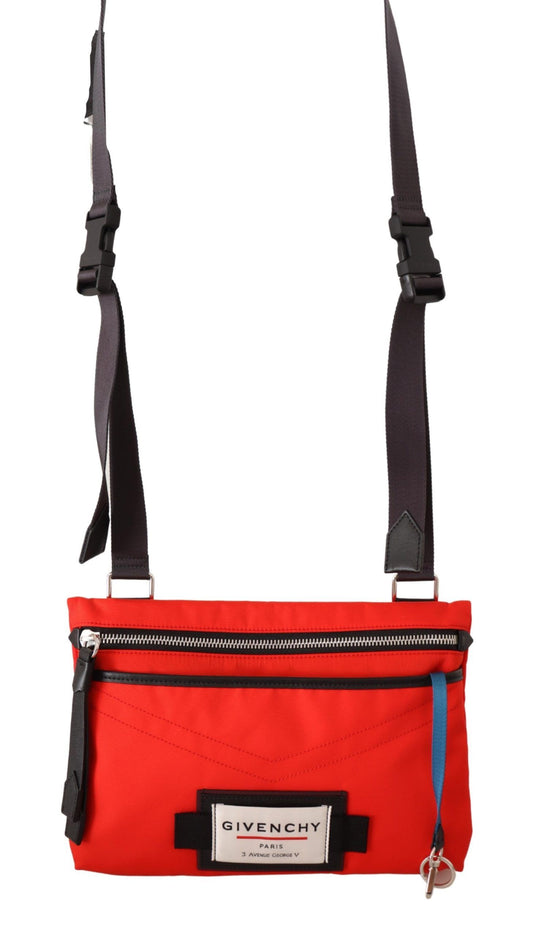 Red crossbody bag with black straps and white logo
