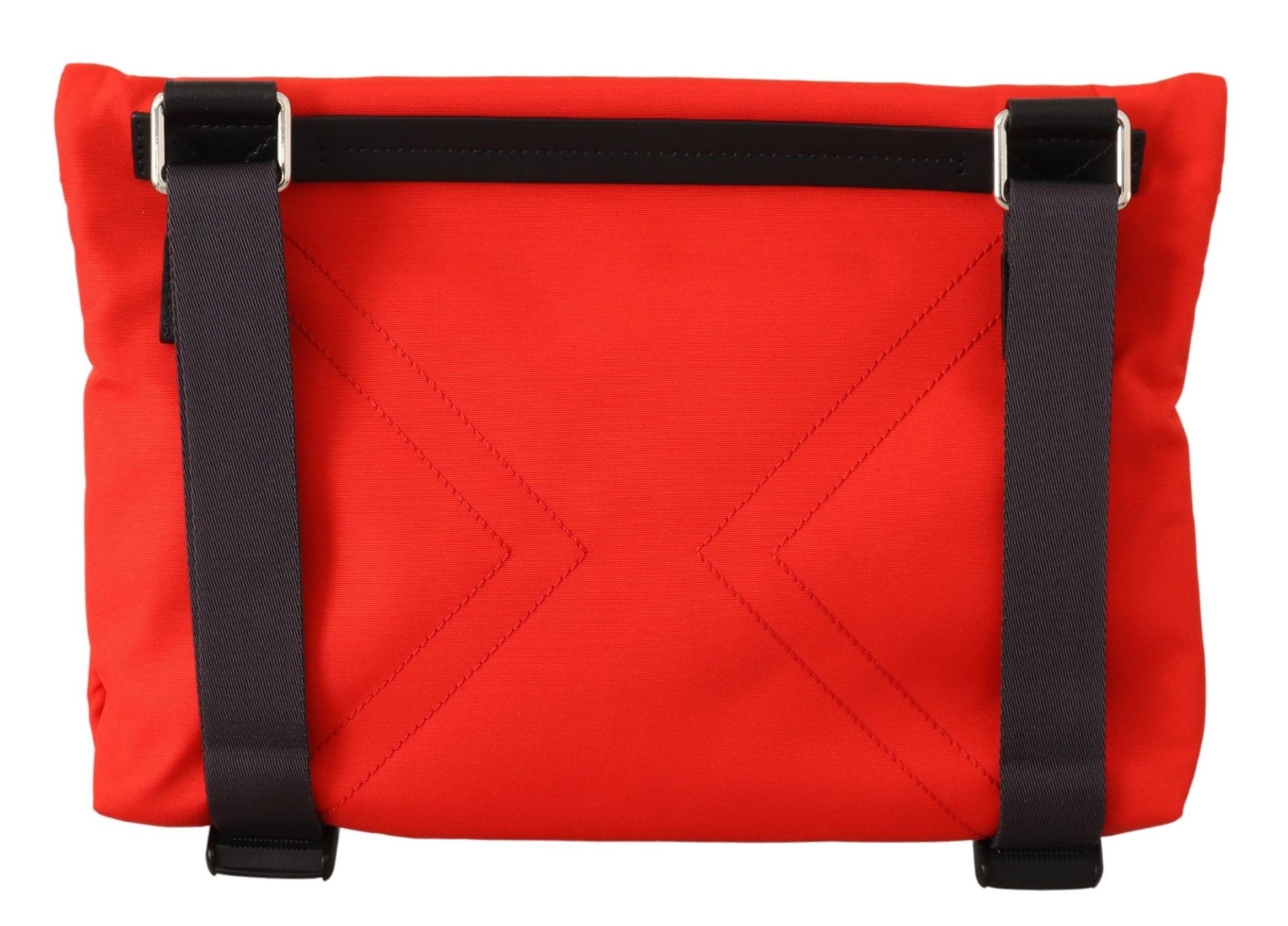 Red fabric pouch with black straps