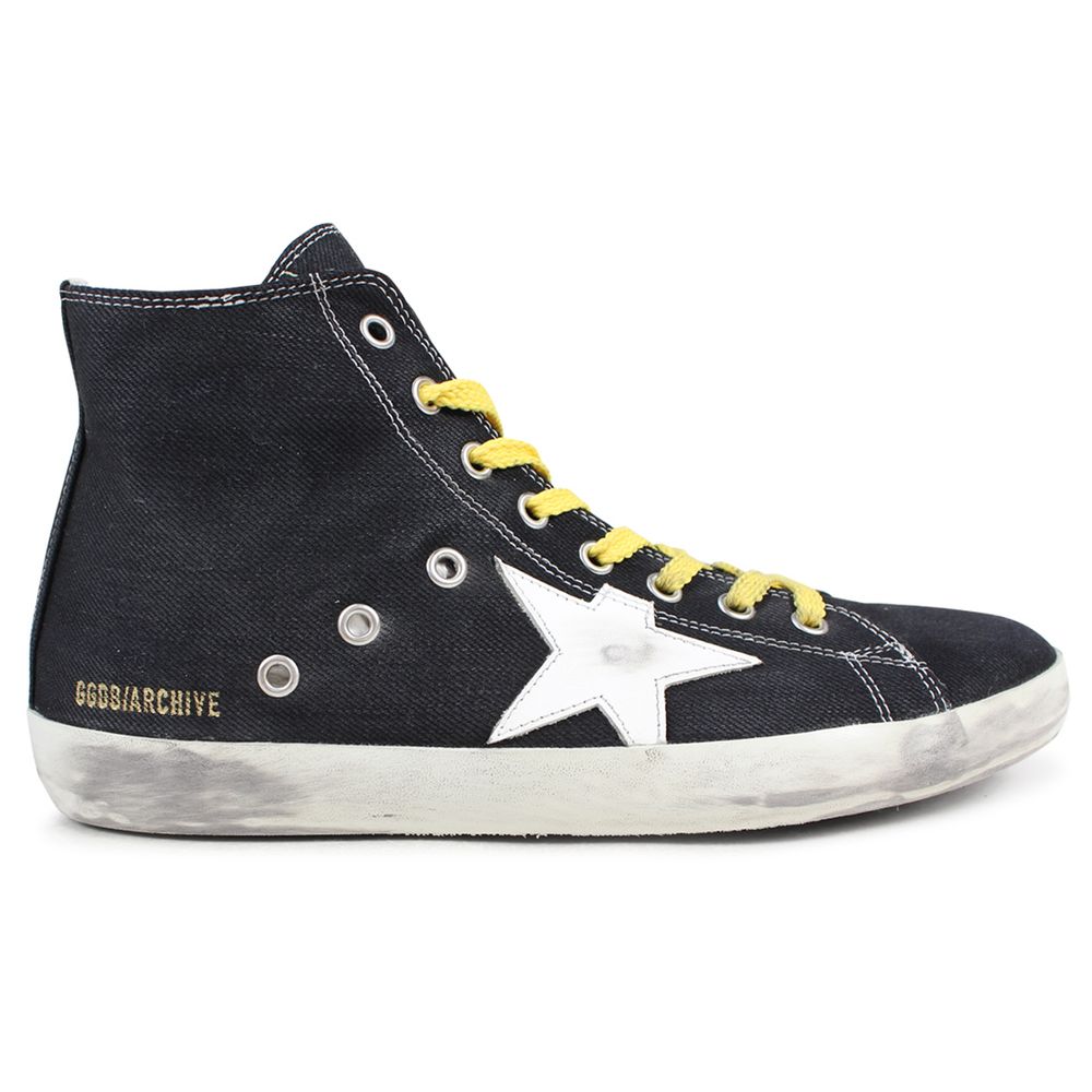 "Golden Goose black canvas sneakers with distressed details and laces."