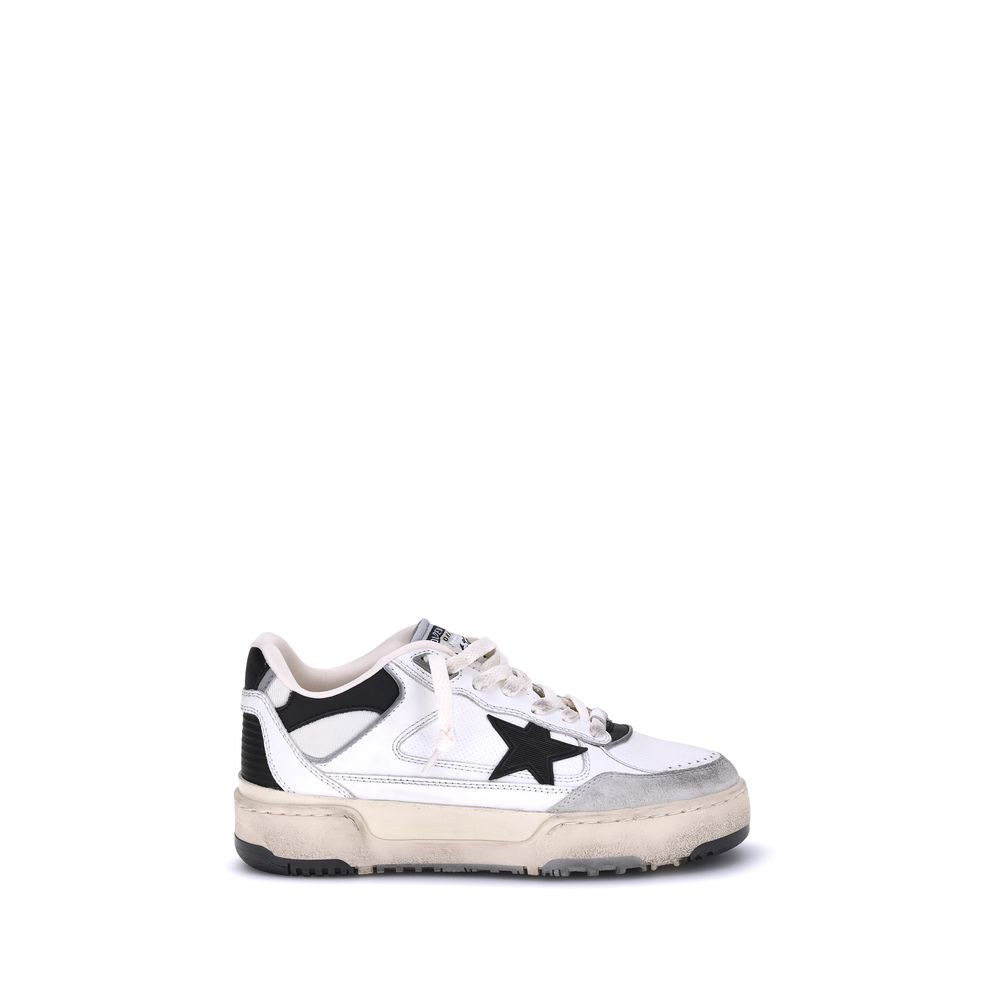 "Golden Goose Forty2 Sneakers, distressed white leather sneakers with bold laces and chunky sole."