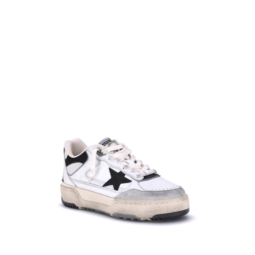 "Golden Goose Forty2 Sneakers, distressed white leather sneakers with bold laces and chunky sole."