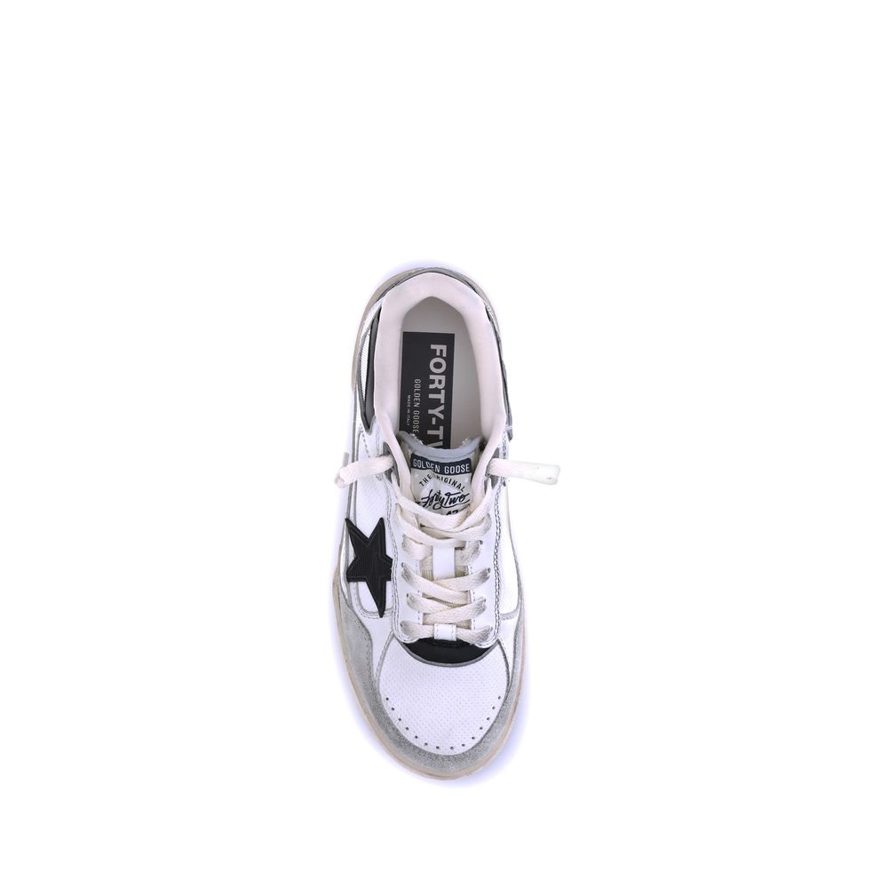 "Golden Goose Forty2 Sneakers, distressed white leather sneakers with bold laces and chunky sole."