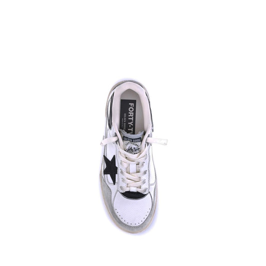 "Golden Goose Forty2 Sneakers, distressed white leather sneakers with bold laces and chunky sole."