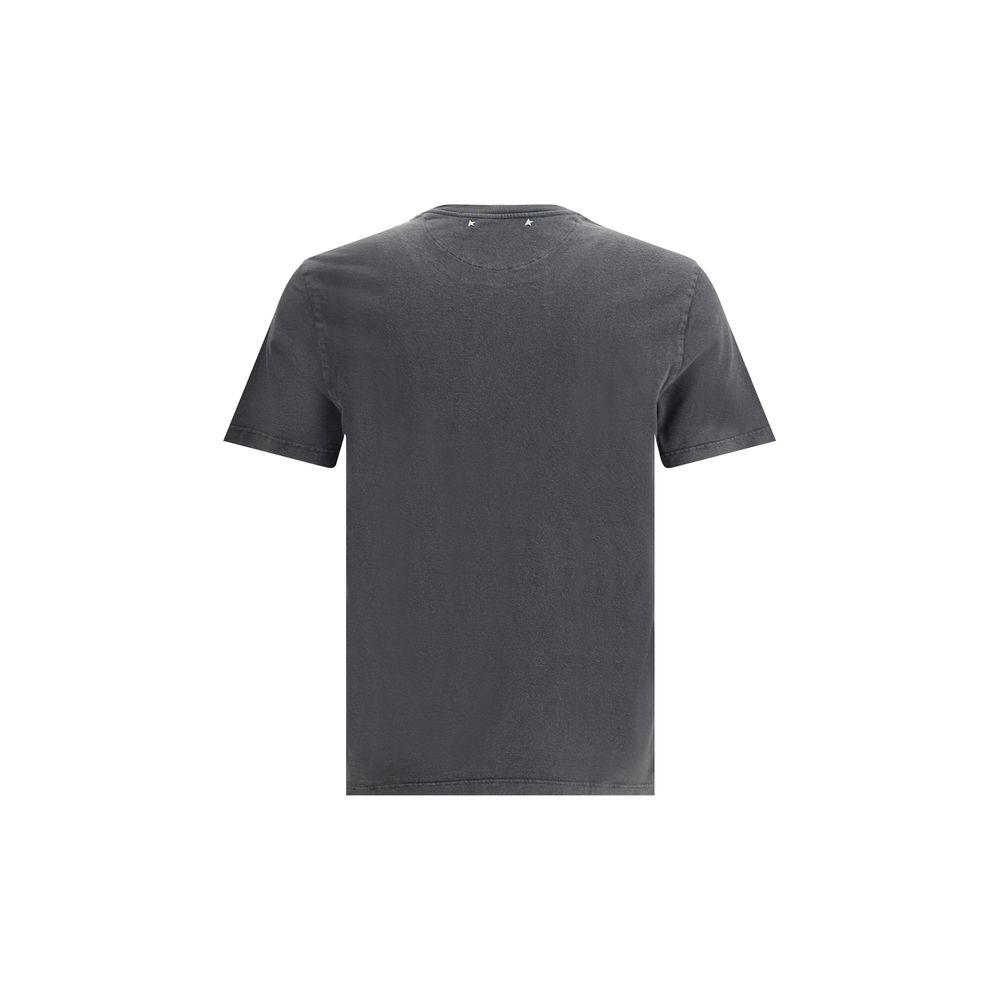 Navy blue short sleeve t-shirt on a hanger