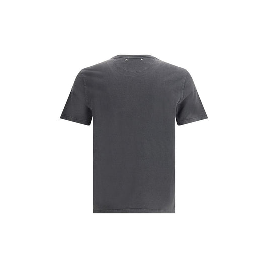 Navy blue short sleeve t-shirt on a hanger