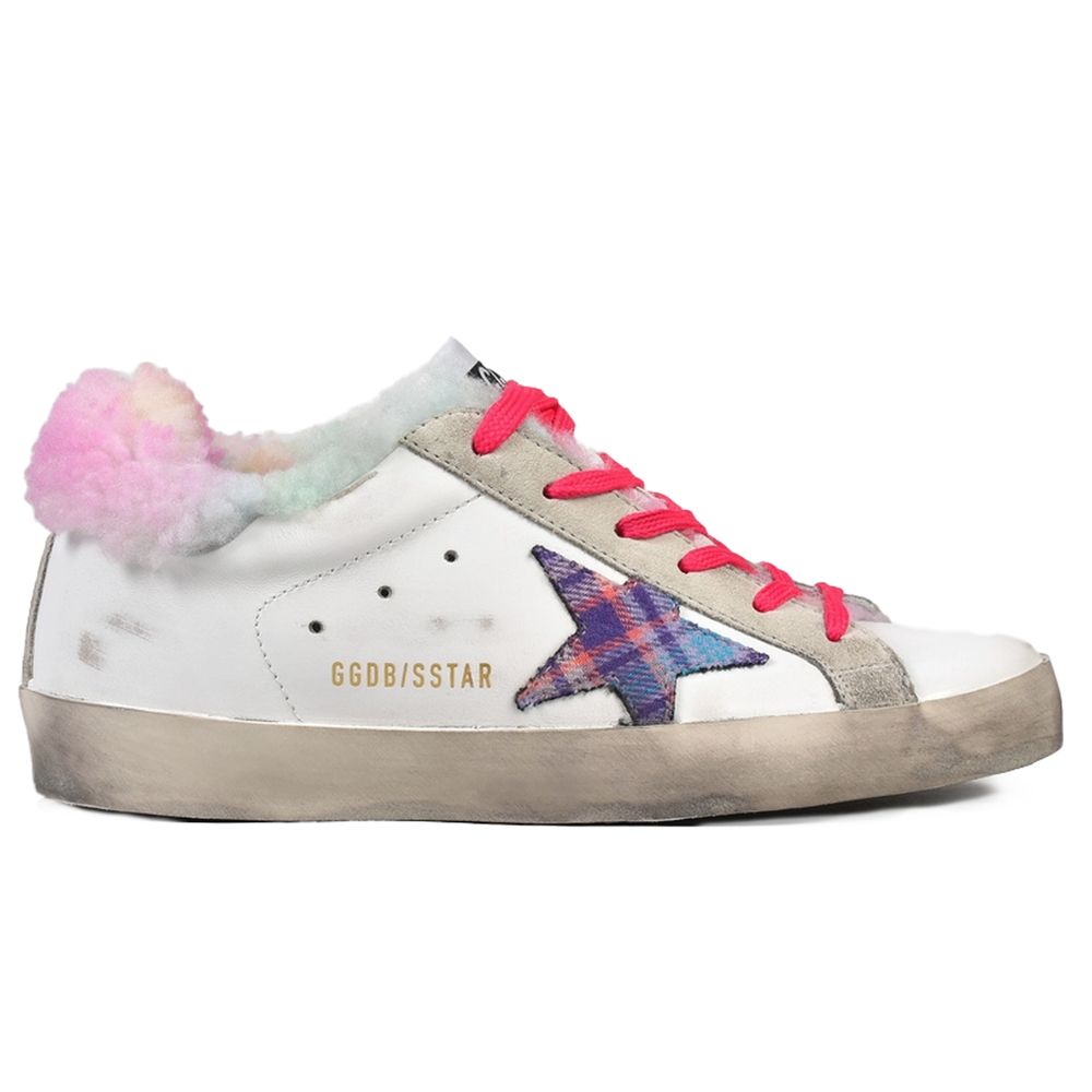 "Golden Goose white leather sneakers with gold buckle and distressed details"