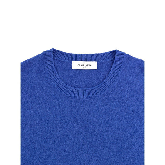 Blue crew neck sweater on hanger