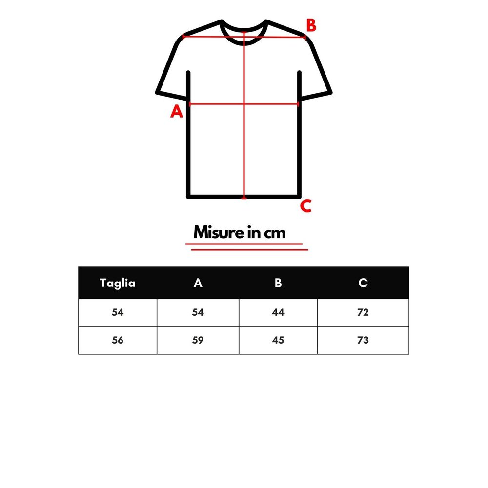 White t-shirt with red lines indicating measurements in cm