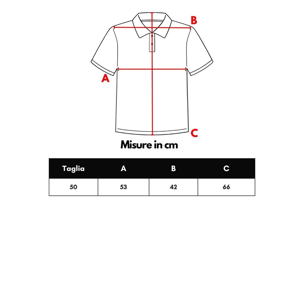 White polo shirt on hanger with red lines indicating measurements