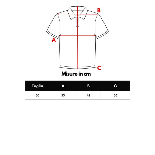 White polo shirt on hanger with red lines indicating measurements