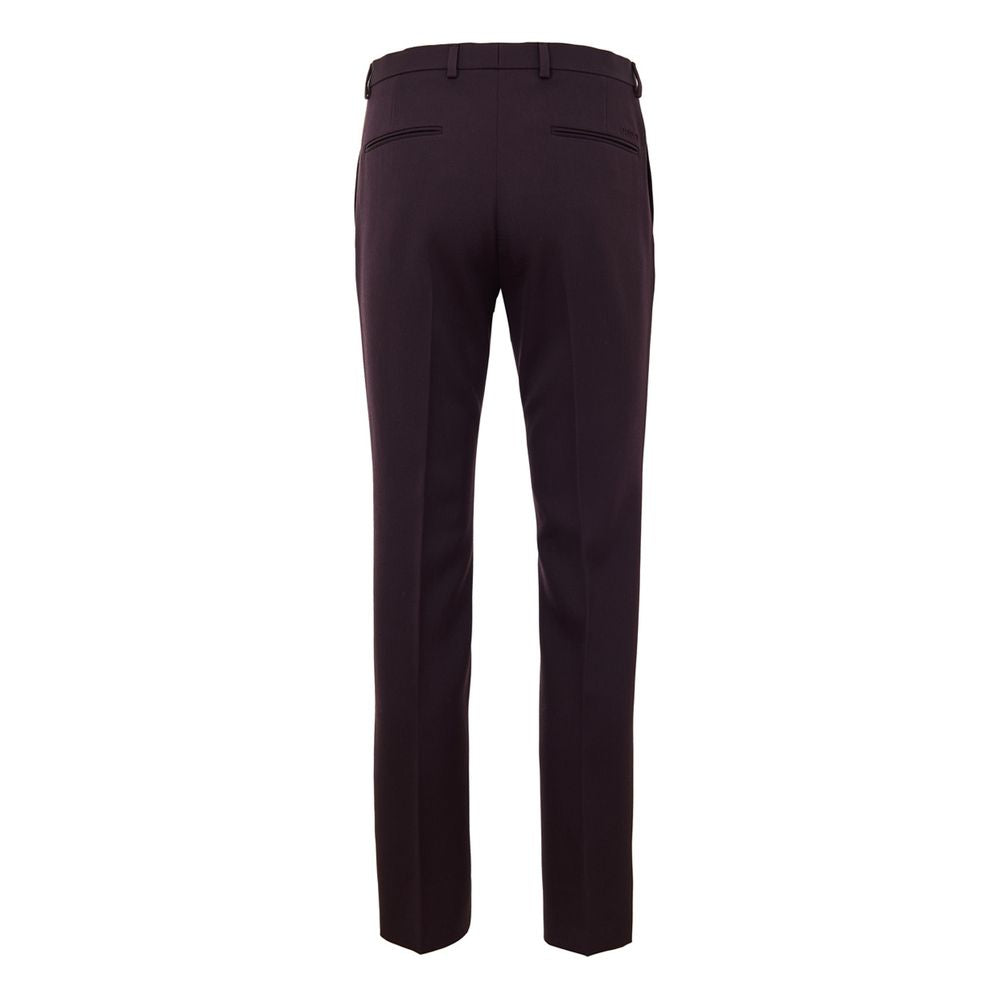 Dark purple wool dress pants with slim fit, two pockets on front and back, and a zipper fly