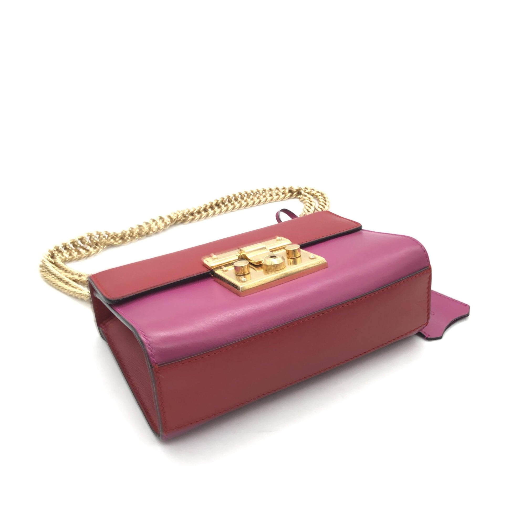 Purple clutch with gold chain strap