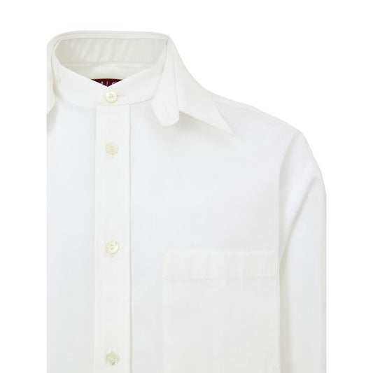 A white cotton dress shirt with a collar and buttons, displayed against a plain background