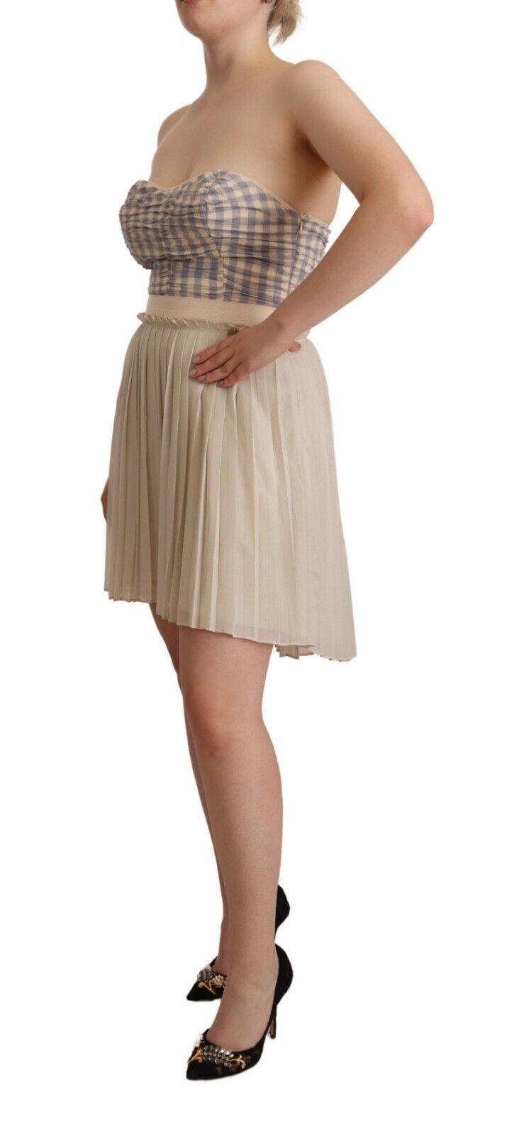 A beige checkered pleated strapless bustier dress with a high waist