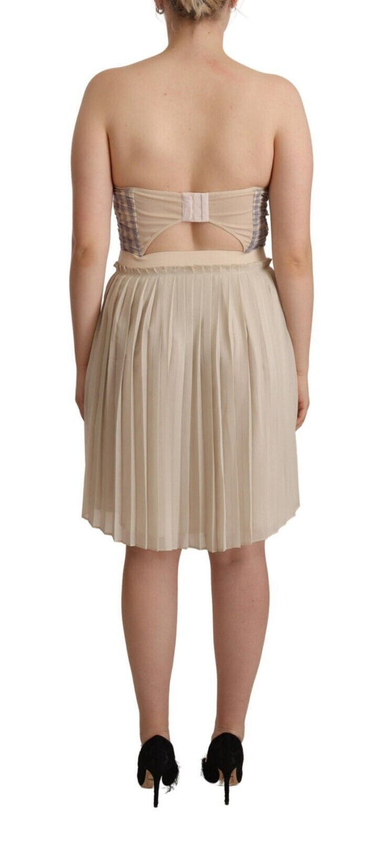 A beige checkered pleated strapless bustier dress with a fitted waist and flared skirt