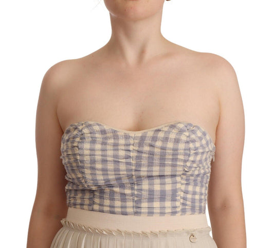 A-line strapless bustier dress with beige checkered pattern and pleats