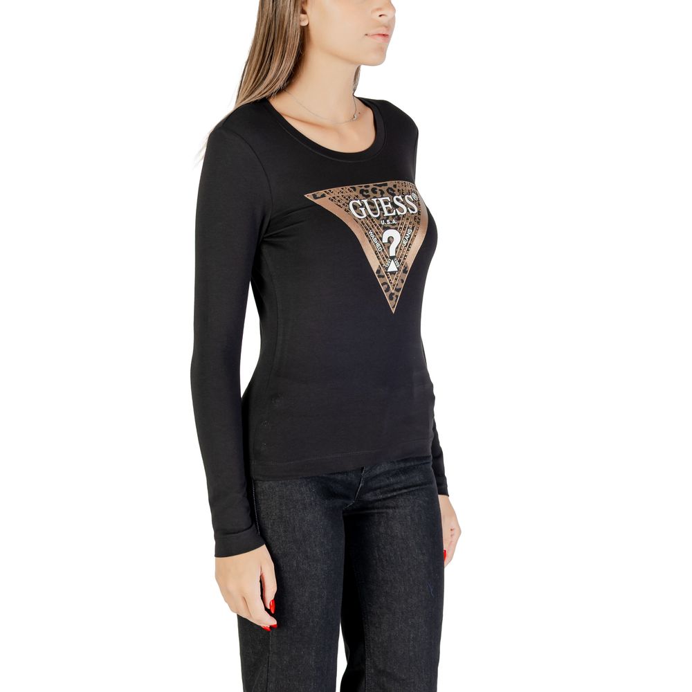 A black long sleeved t-shirt with a gold "Guess" logo on the front