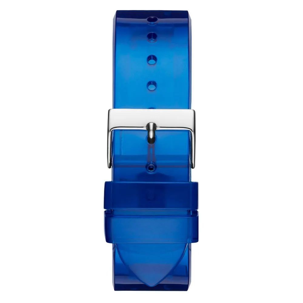 A blue resin watch with a silver buckle
