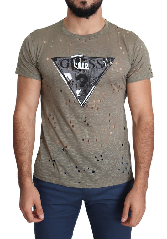 Guess brown cotton stretch logo print men's casual perforated t-shirt