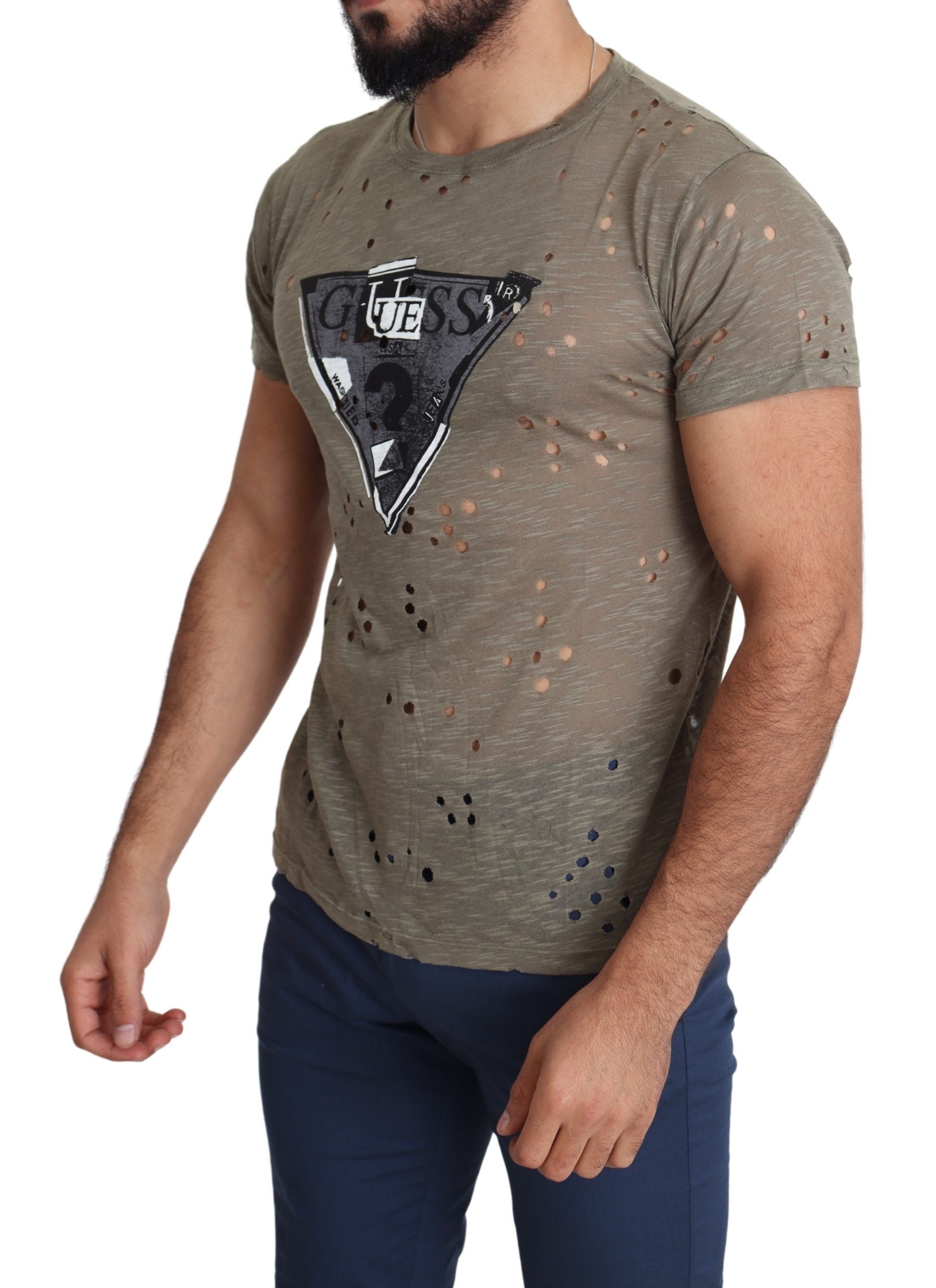 Guess brown cotton stretch logo print men's casual perforated t-shirt