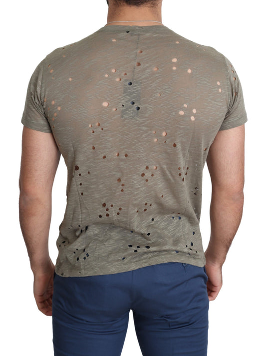 Guess brown cotton stretch logo print men's casual perforated t-shirt