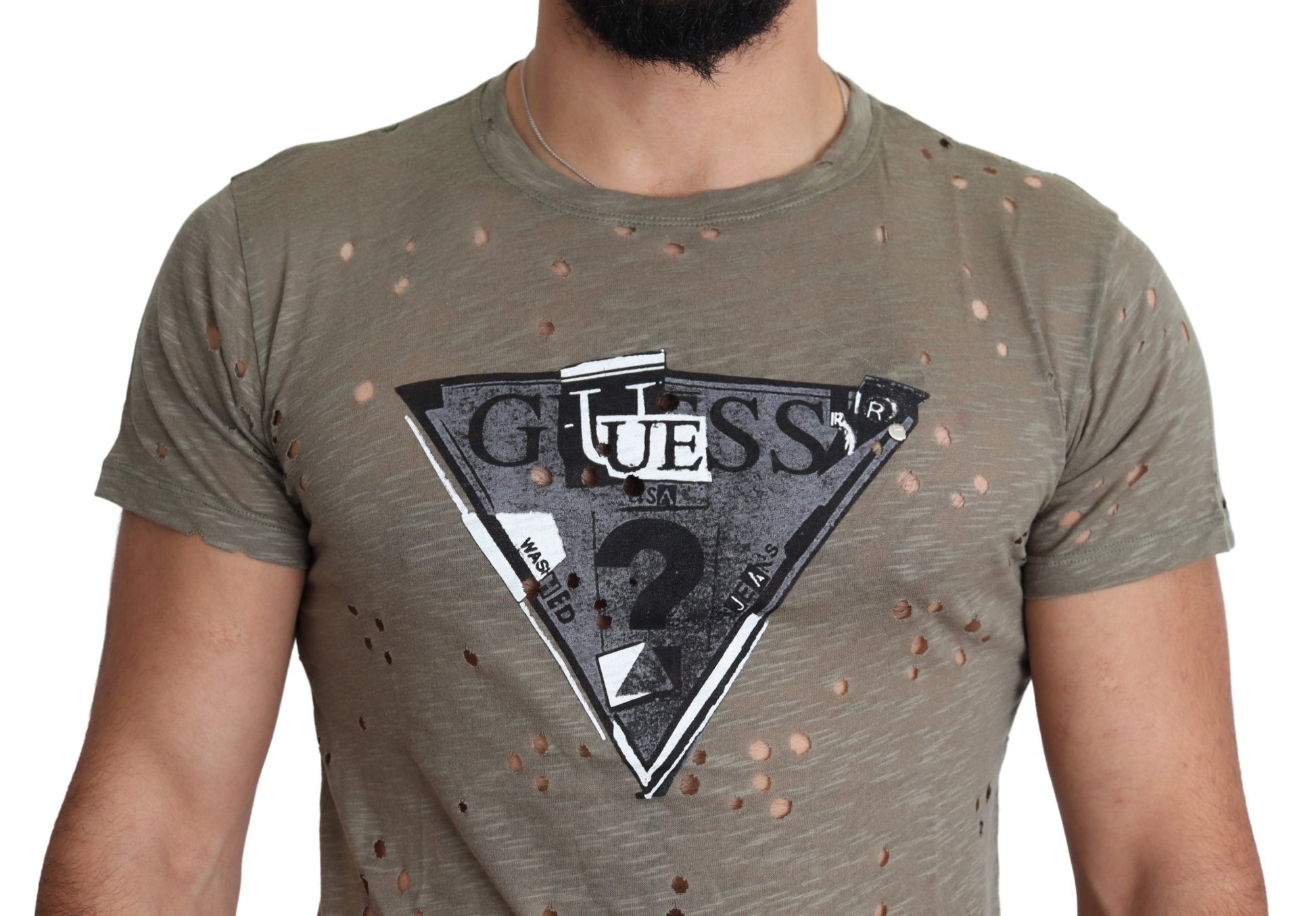 Guess brown cotton stretch logo print men's casual perforated t-shirt
