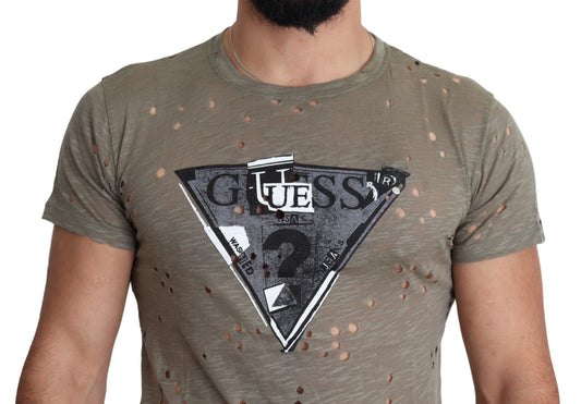 Guess brown cotton stretch logo print men's casual perforated t-shirt