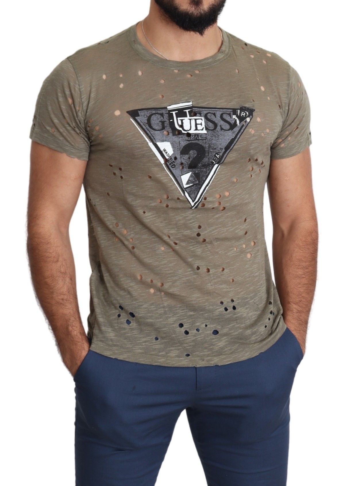 Guess brown cotton stretch logo print men's casual perforated t-shirt