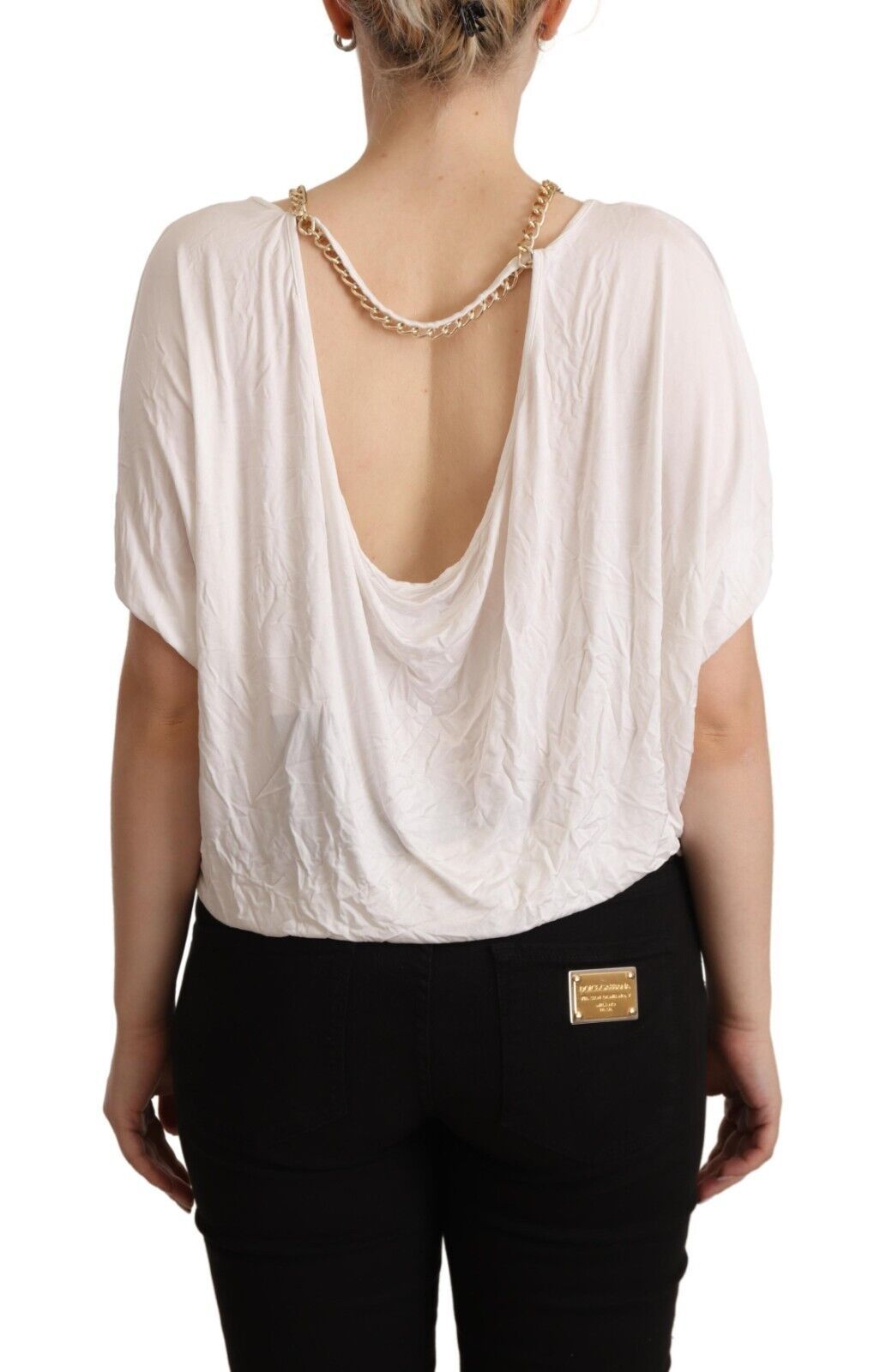 Backless white blouse with ruffled sleeves