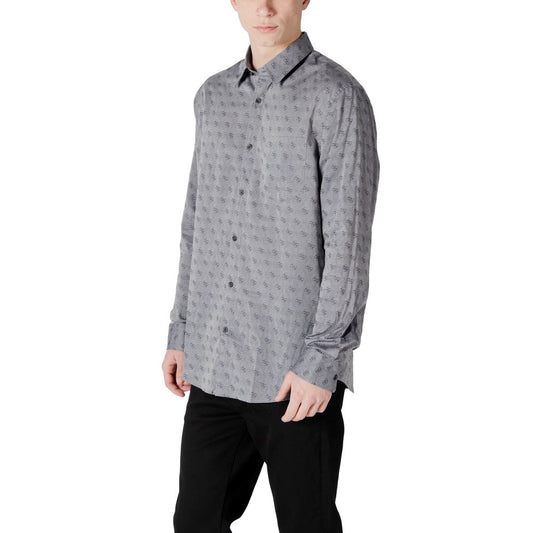 A gray cotton dress shirt with a patterned design on the front