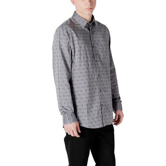 A gray cotton dress shirt with a patterned design on the front