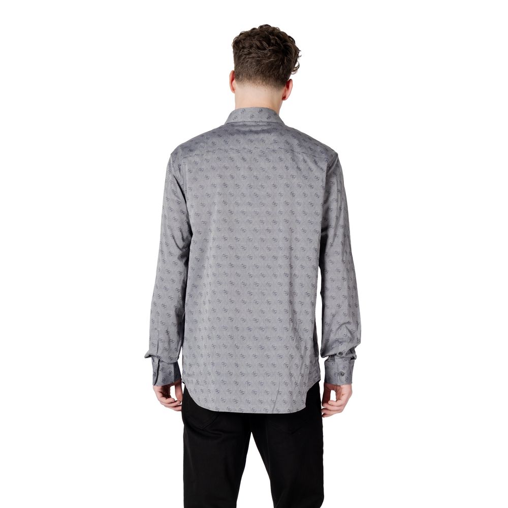 A gray cotton dress shirt with a patterned back design