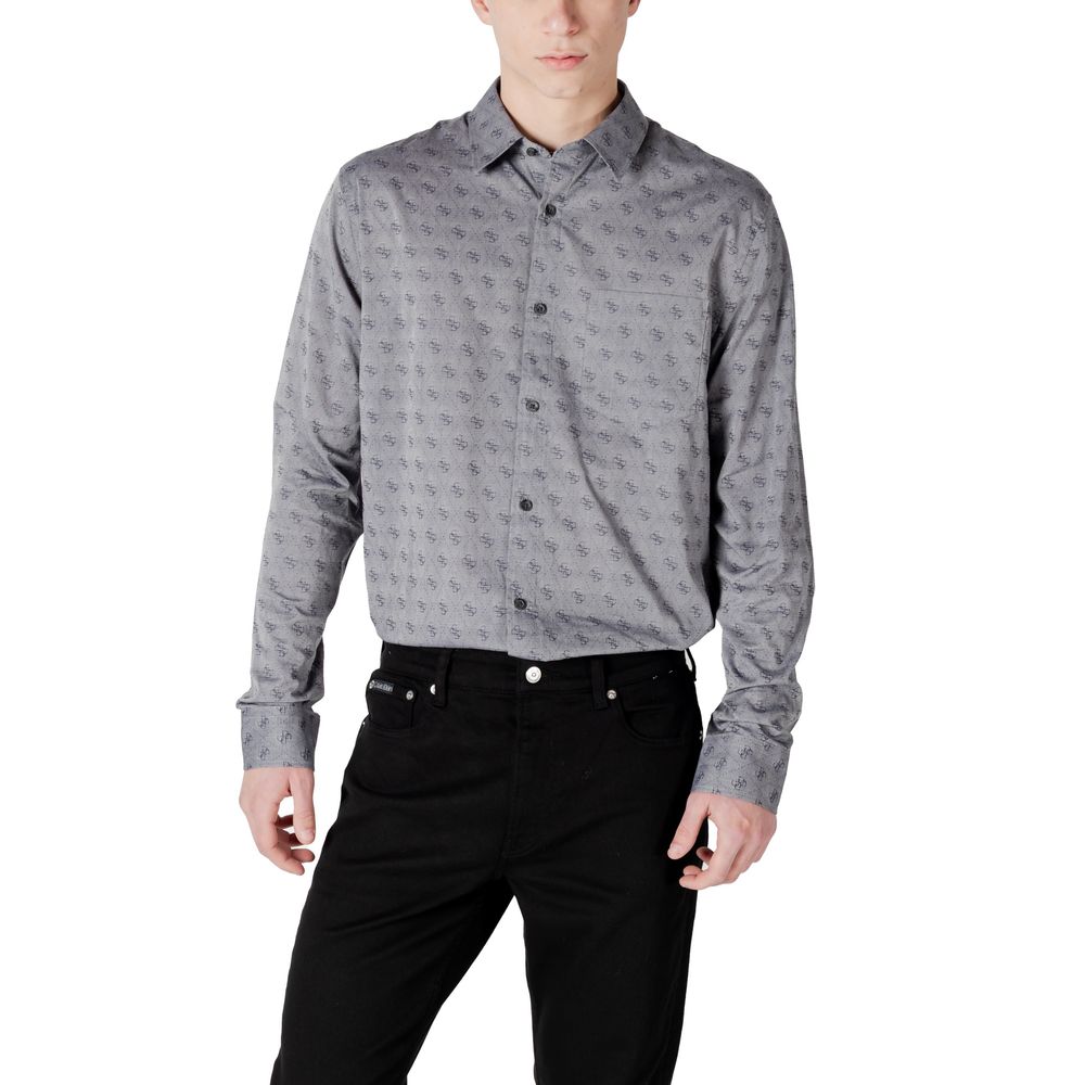 A gray cotton dress shirt with a patterned design on the front, worn by a mannequin