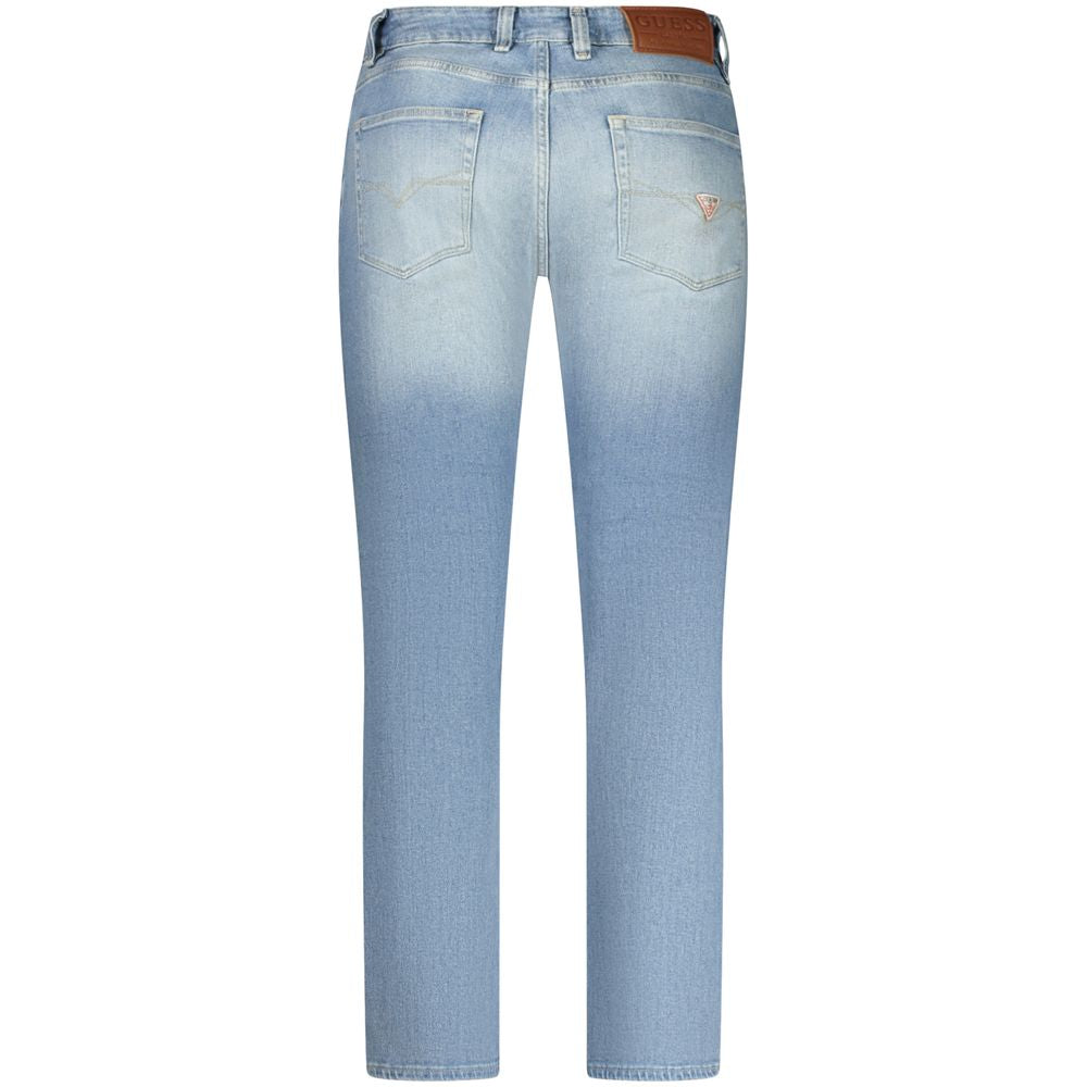 Light blue denim jeans with faded wash on legs