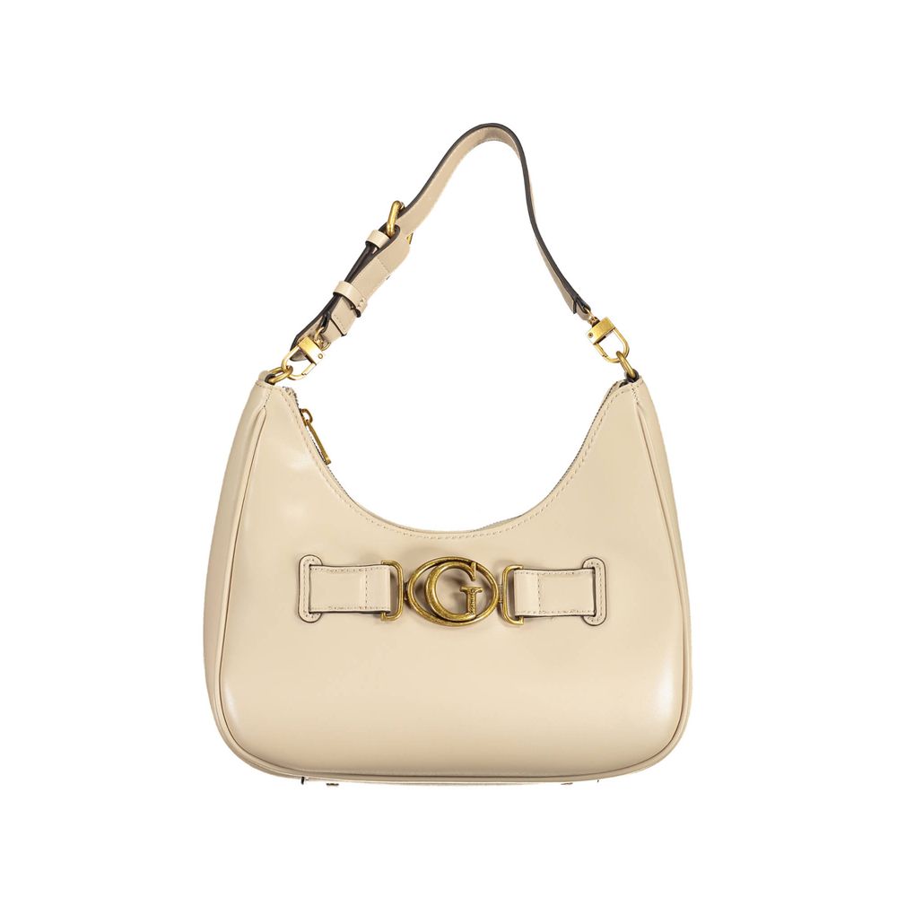 A beige handbag with a chain strap and a buckle closure