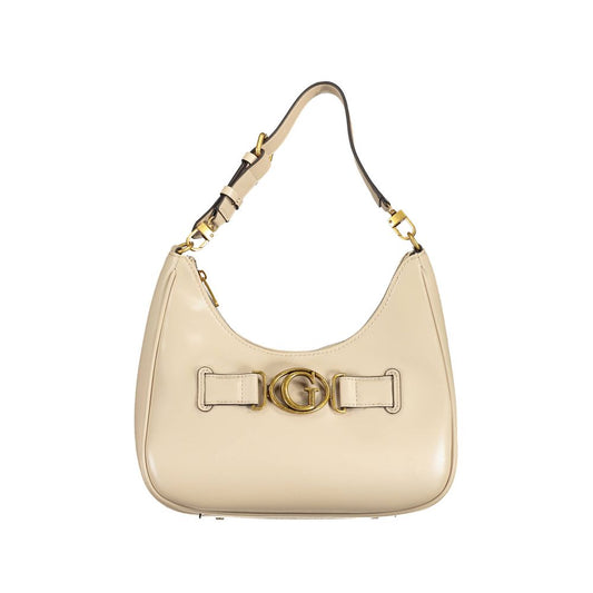 A beige handbag with a chain strap and a buckle closure