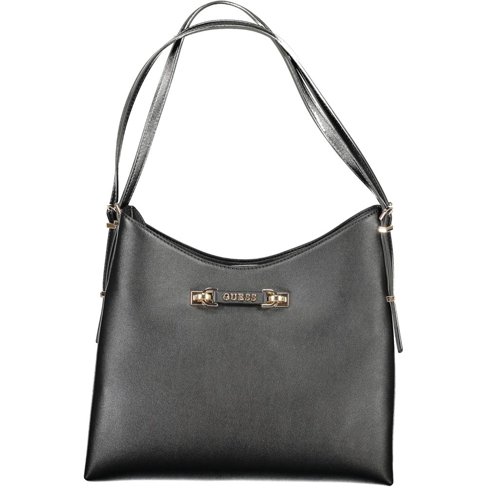 Black leather handbag with gold accents